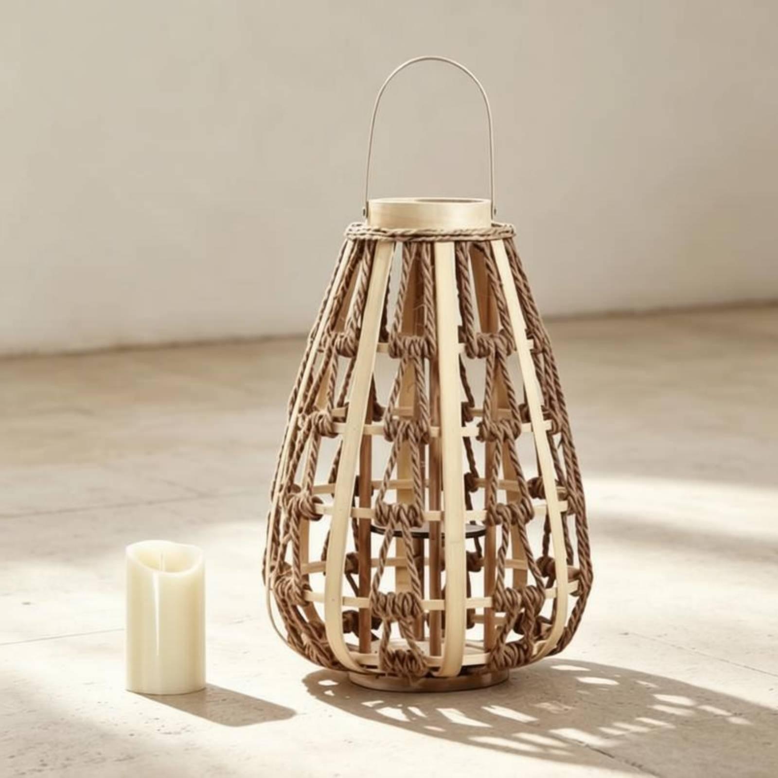 Candle Holder Decor - Natürliche Holzseil-Laterne, Kerzenhalter, handgefertigtes Tropfenform-Design, Bambusrahmen,