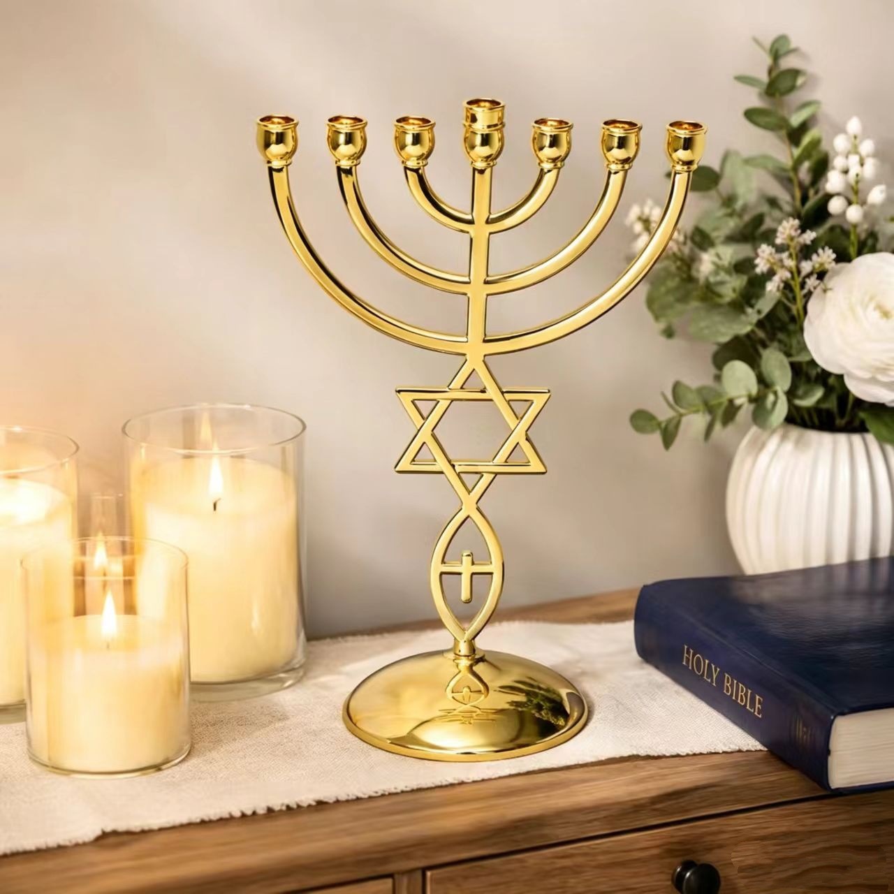 Candle Holder Decor - Chanukka Siebenkopf-Kerzenhalter-Set, Davidsstern, Jüdischer Kerzenständer, Heimdekoration,