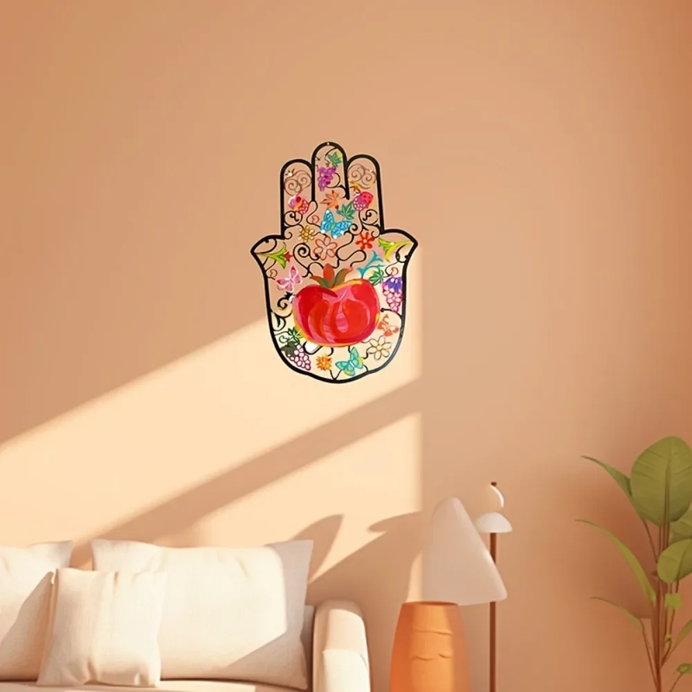 Wall Art - CIFBUY Hamsa-Hand-Wandkunst aus Metall, bunte Granatapfel-Blumen-Schmetterlings-2D-Ausschnitt-Hängedekoration