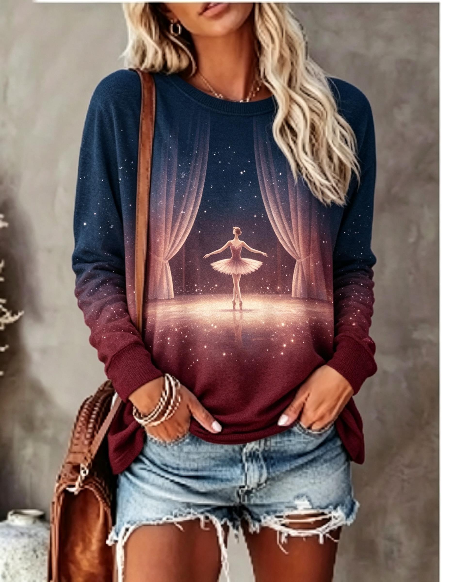 Curtain Curtain - Damen Langarm-T-Shirt mit Ballett-Tänzerin, Bühnenvorhang, Sternen-Glow-Gradient-Druck